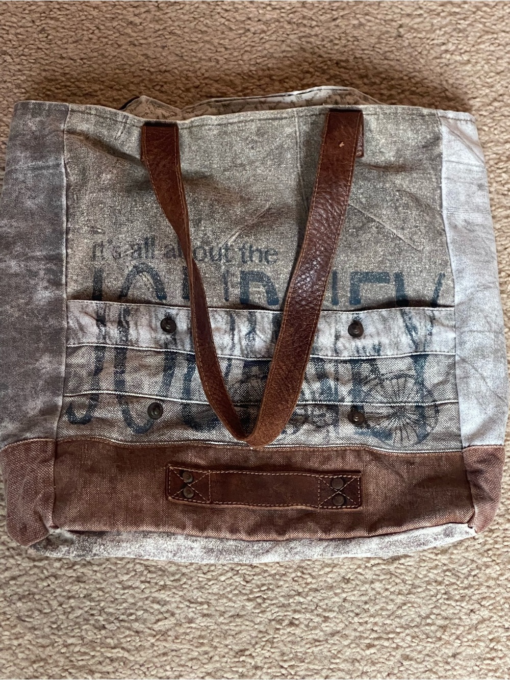 Women's Gray Tote Bag with Brown Leather Trim